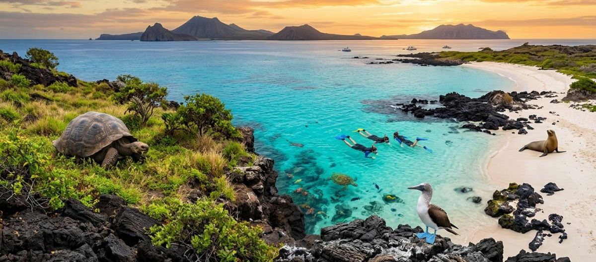 BuenaVida Galapagos adventure tour island hopping Ecuador with volcanic islands, sea lions, blue footed boobies and giant tortoises
