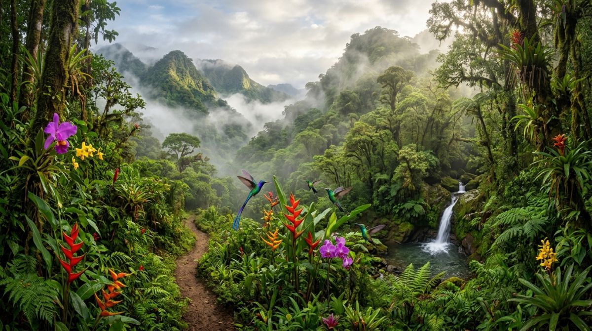 Paisaje biodiverso de Mindo Cloud Forest con colibríes volando cerca de una cascada y flores tropicales en Ecuador